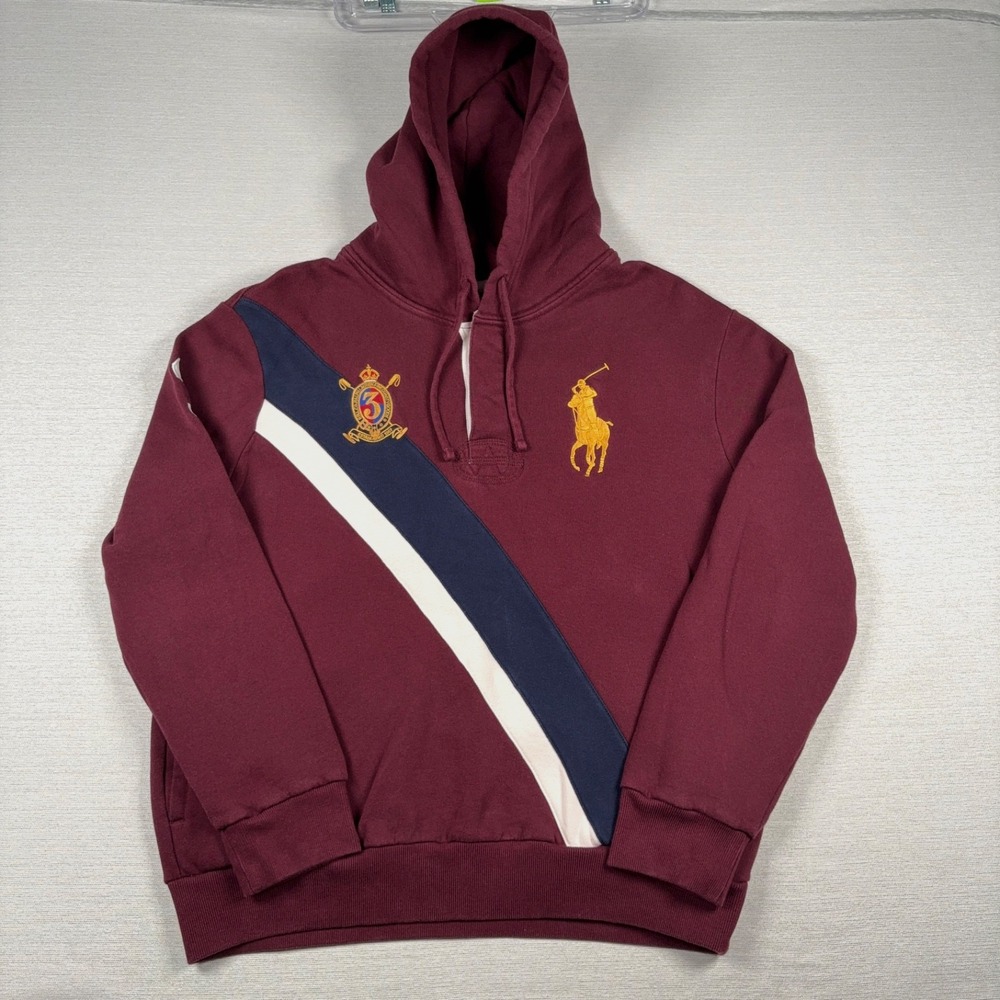 Polo Ralph Lauren Big Pony Fleece Rugby Hoodie Mens Size L Burgundy Cotton Poly